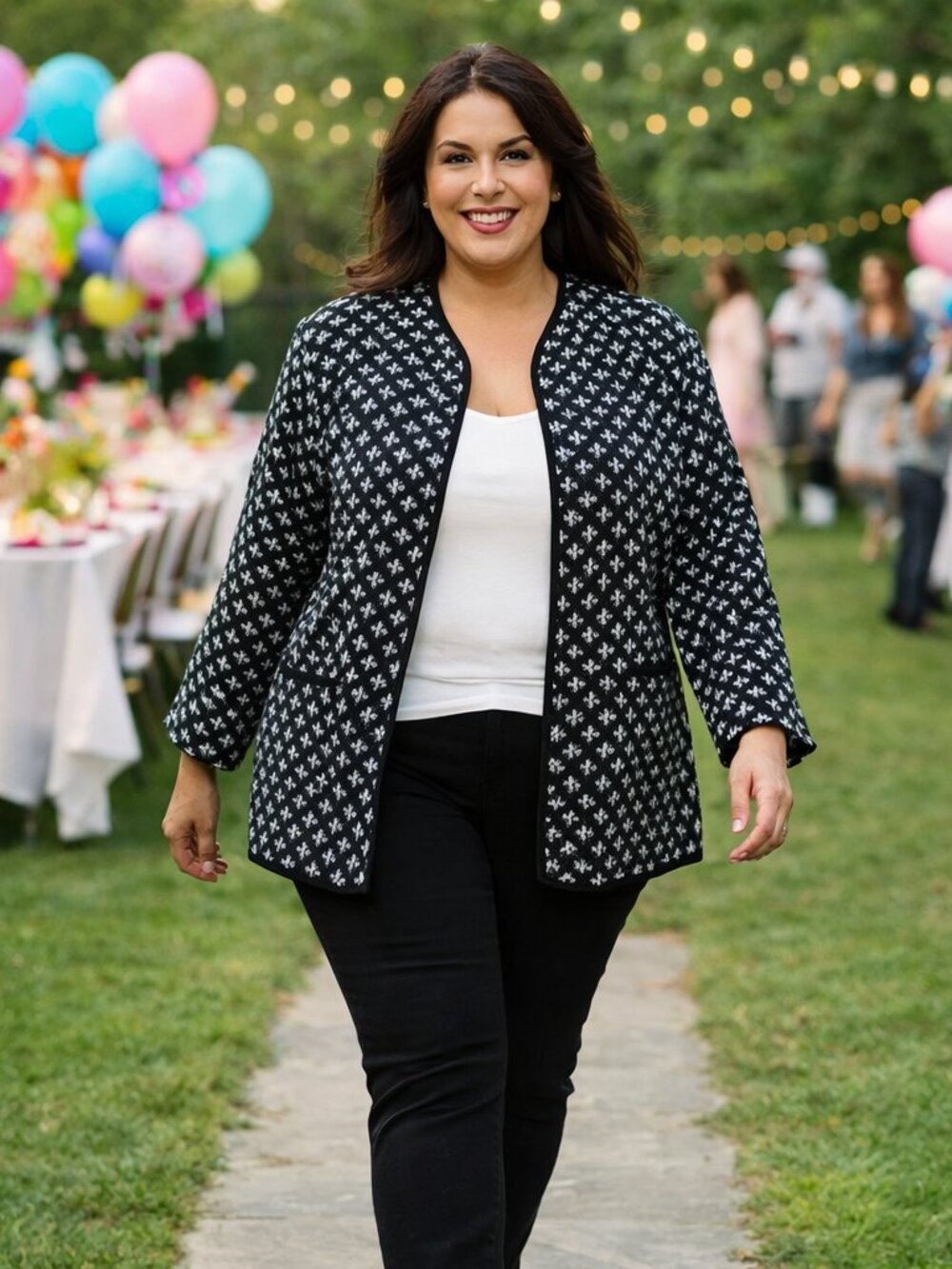 Maggie Barnes Women 4XWP Black White Lined Abstract Preppy Whimsical Goth Blazer